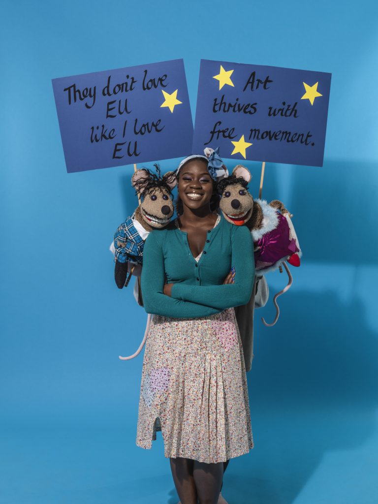 Aisha Jawando, Duchess the Mouse and Duke the Mouse in Hackney Empire's Cinderella 2017